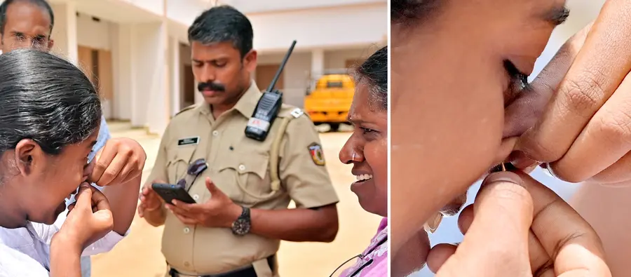 പാലക്കാട് പിഎംജി സ്കൂളിൽ നീറ്റ് പരീക്ഷ എഴുതാനെത്തിയ വിദ്യാർഥിനി പരീക്ഷാ ഹാളിലേക്ക് പ്രവേശിക്കുന്നതിന് മുമ്പ് സുരക്ഷയുടെ ഭാഗമായി മൂക്കുത്തിയഴിക്കുന്നു /ഫോട്ടോ: സുമേഷ് കോടിയത്ത്
