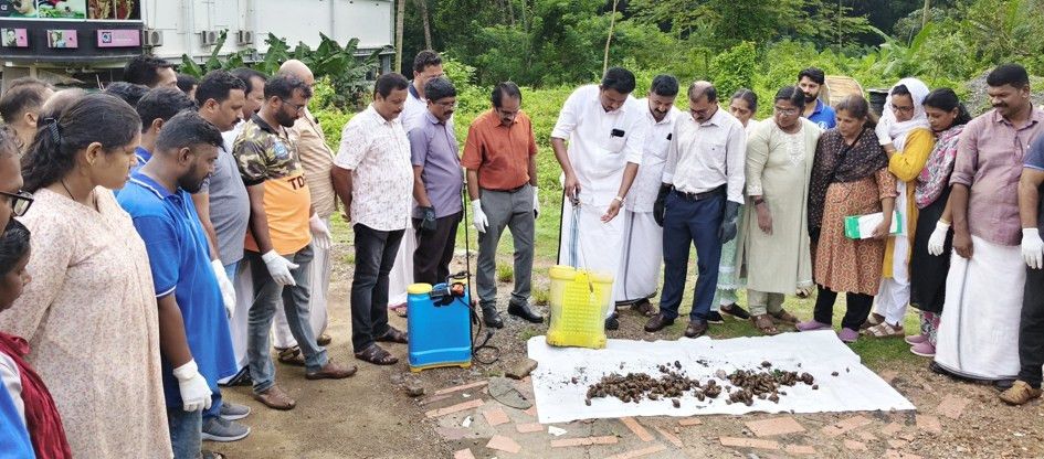 തിരുവമ്പാടിയിൽ ആഫ്രിക്കൻ ഒച്ച് നശിപ്പിക്കൽ യജ്ഞം പഞ്ചായത്ത് പ്രസിഡന്റ്‌  ജിതിൻ പല്ലാട്ട് ഉദ്ഘാടനംചെയ്യുന്നു