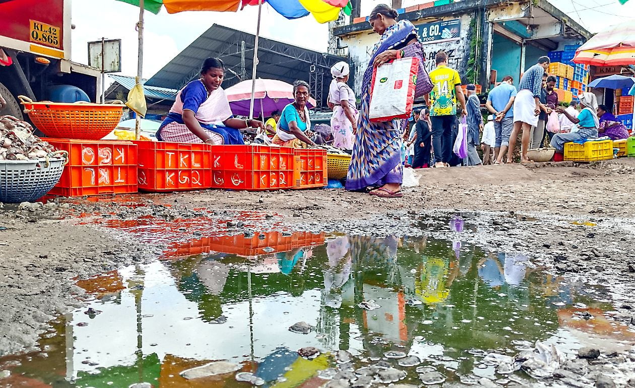 കാസർകോട് മത്സ്യ മാർക്കറ്റിൽ  മലിനജലത്തിനരികിൽനിന്ന്‌ മീൻവിൽക്കുന്നവർ 