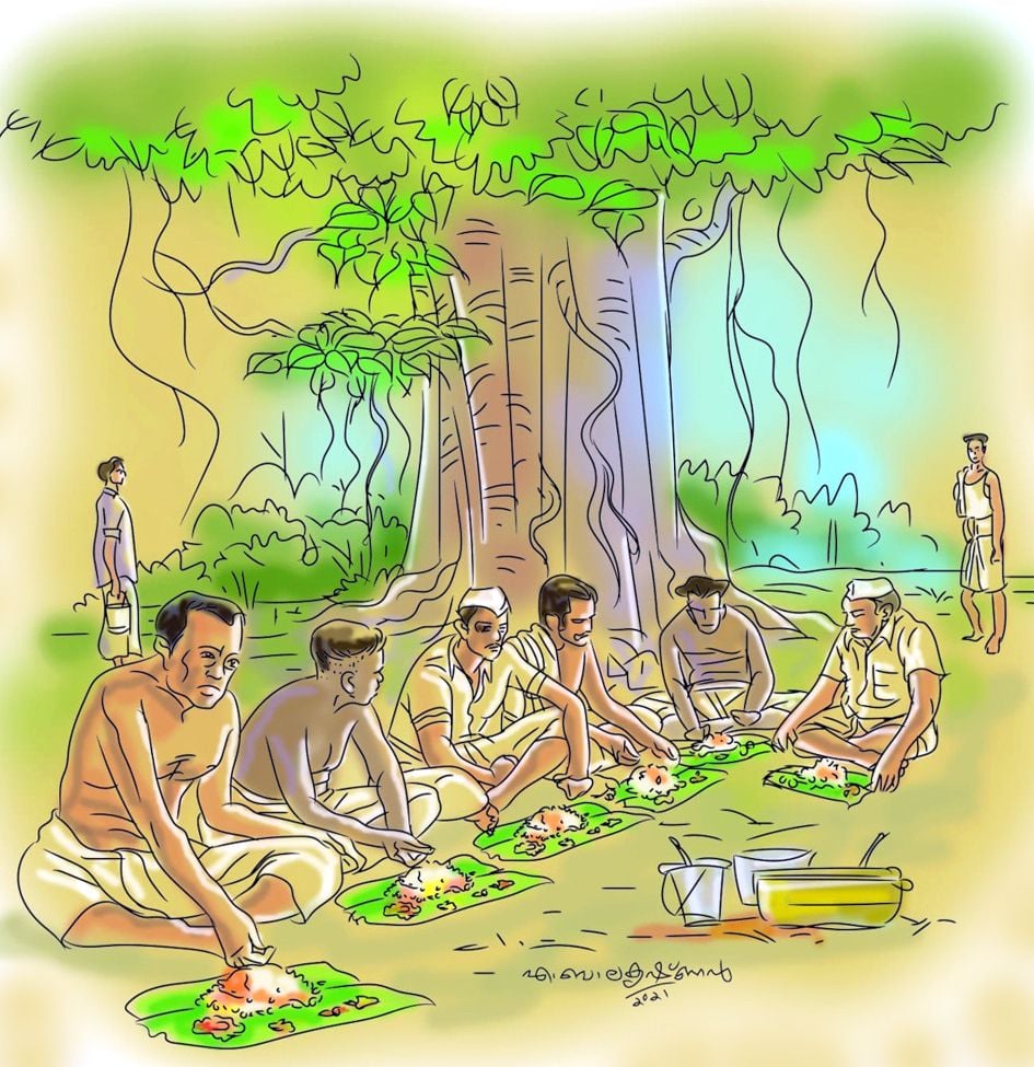 കൊടക്കാട്‌ കർഷക സമ്മേളനത്തിന്റെ ഭാഗമായി സംഘടിപ്പിച്ച പന്തിഭോജനം ചിത്രകാരന്റെ ഭാവനയിൽ