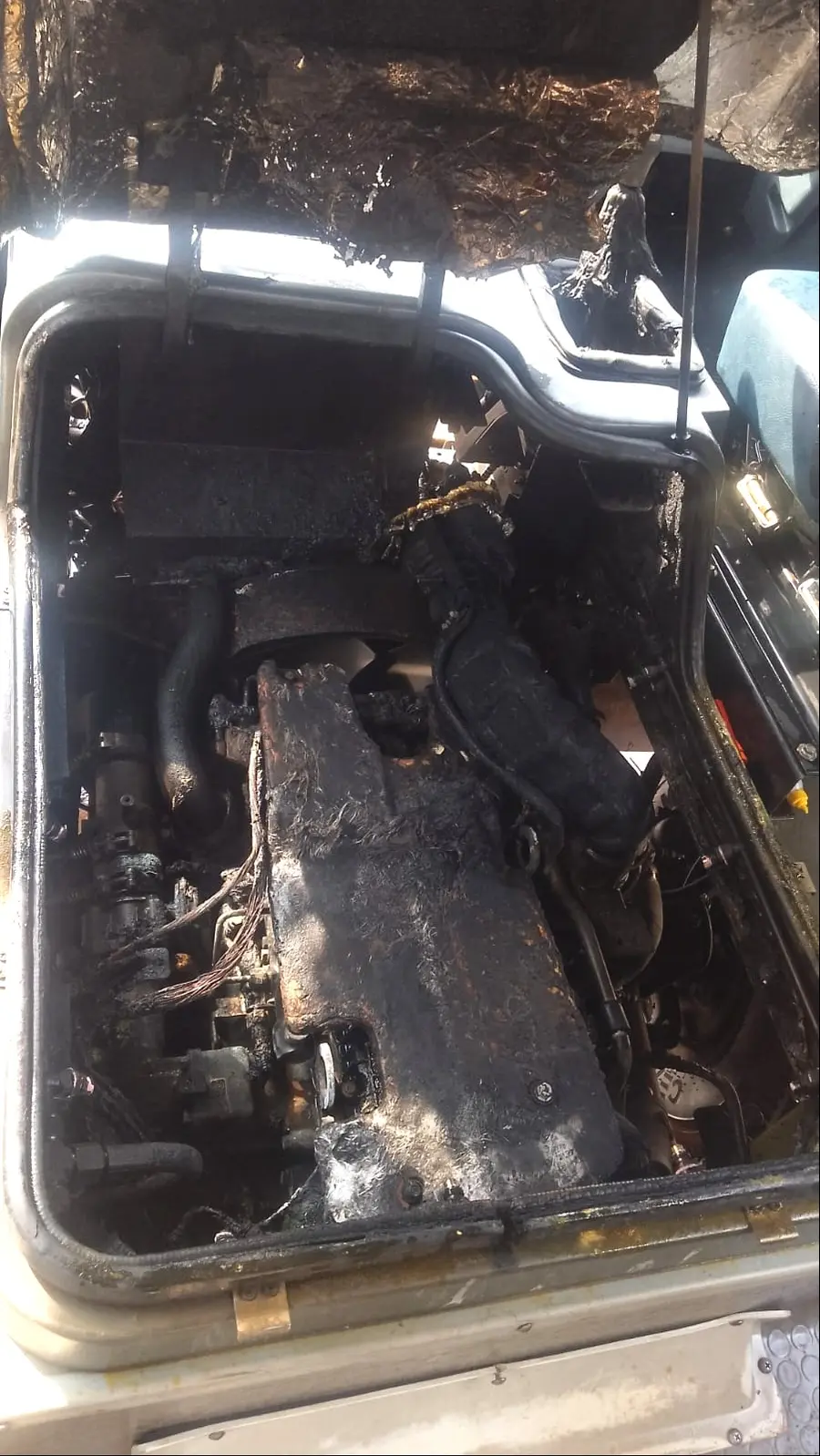 The school bus engine caught fire.