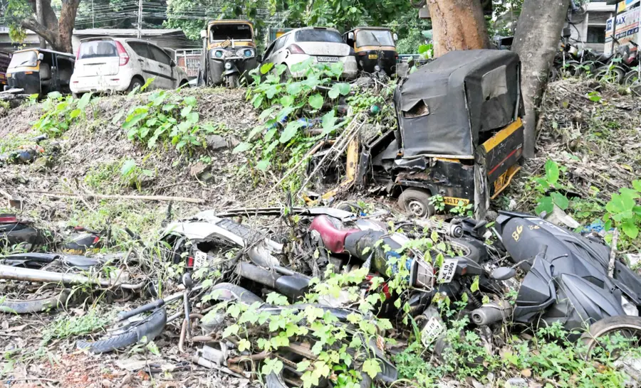 Old vehicles piled up on the land in front of the Malappuram police station.