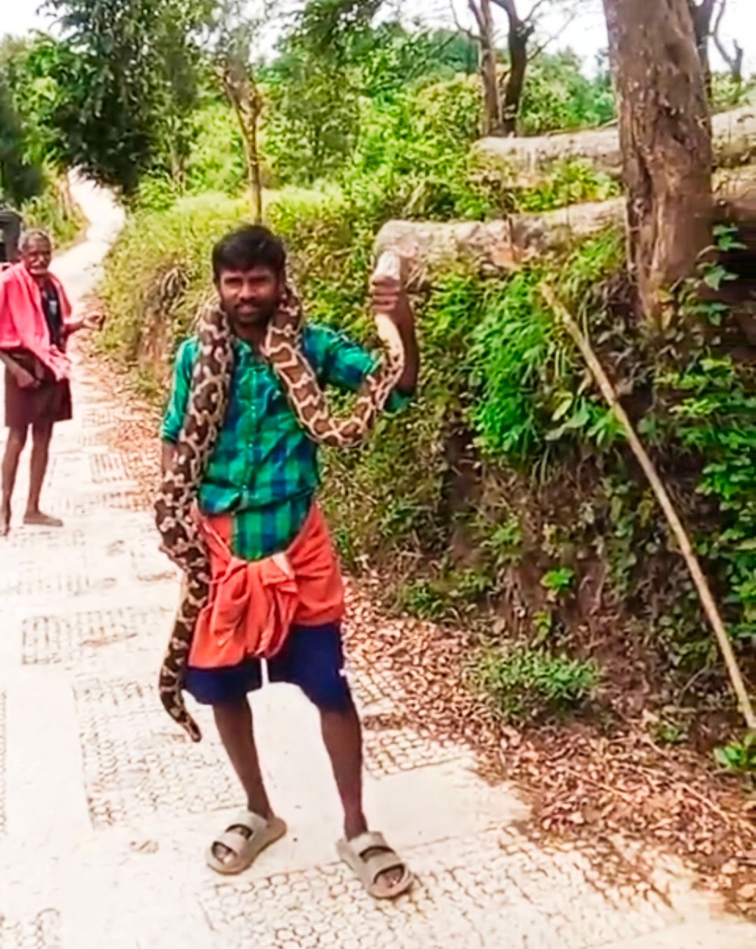 പാമ്പിനെ   കഴുത്തിലിട്ടുനിൽക്കുന്ന  പൊന്നുസ്വാമി 