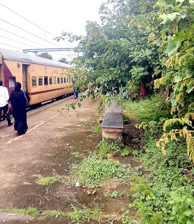 ചെറുവത്തൂർ റെയിൽവേ സ്റ്റേഷനിലെ പ്ലാറ്റ്ഫോമിൽ കാടുകയറിയനിലയിൽ