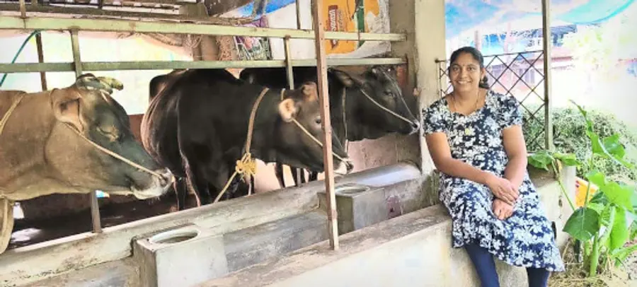 സുനിത താൻ വളർത്തുന്ന പശുക്കൾക്കൊപ്പം