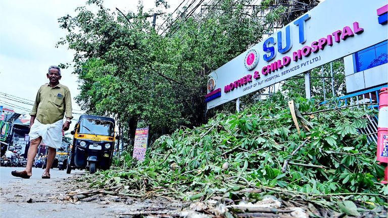 മണക്കാട് എസ്-യുടി ആശുപത്രിക്കു മുന്നിൽ കാൽനടയാത്രികർക്ക്  ബുദ്ധിമുട്ടാകുംവിധം മുറിച്ചിട്ട മരച്ചില്ലകൾ