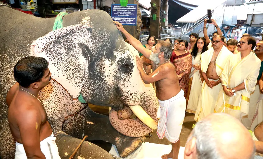 ഗുരുവായൂര് ക്ഷേത്രത്തില് നടന്ന പ്രതീകാത്മക ആനയെ നടയിരുത്തല്