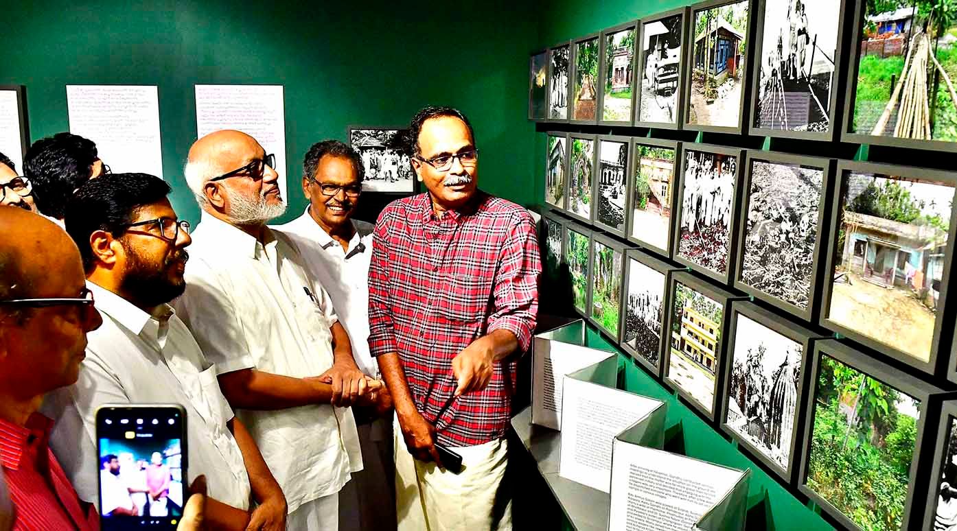 സിപിഐ എം ജനറൽ സെക്രെട്ടറി എം എ ബേബി കേരള ലളിതകലാ അക്കാദമിയിൽ നടക്കുന്ന ഗാന്ധിജി ചരിത്ര വഴിയിൽ ഫോട്ടോ പ്രദര്ശനം കാണുന്നു 