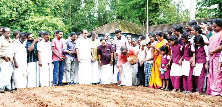 തെക്കേക്കര പഞ്ചായത്തിലെ സ്കൂളുകളിൽ നടപ്പാക്കുന്ന കരനെൽകൃഷി മന്ത്രി പി പ്രസാദ് ഉദ്ഘാടനംചെയ്യുന്നു