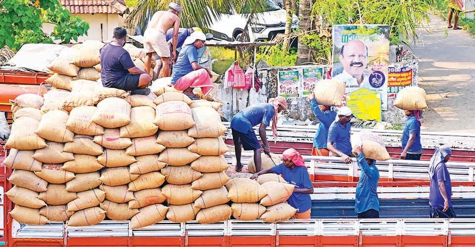 വിവിധ പാടശേഖരത്തിൽനിന്ന് കൊയ്തുകൊണ്ടുവന്ന നെല്ല്  നെടുമുടി പാലത്തിന്  സമീപത്ത്മില്ലിലേക്ക് കൊണ്ടുപോകാൻ ലോറിയിലേക്ക് കയറ്റുന്ന തൊഴിലാളികൾ 