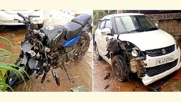വയ്യേറ്റ് കവലയിൽ അപകടത്തില്പ്പെട്ട കാറും ബൈക്കും