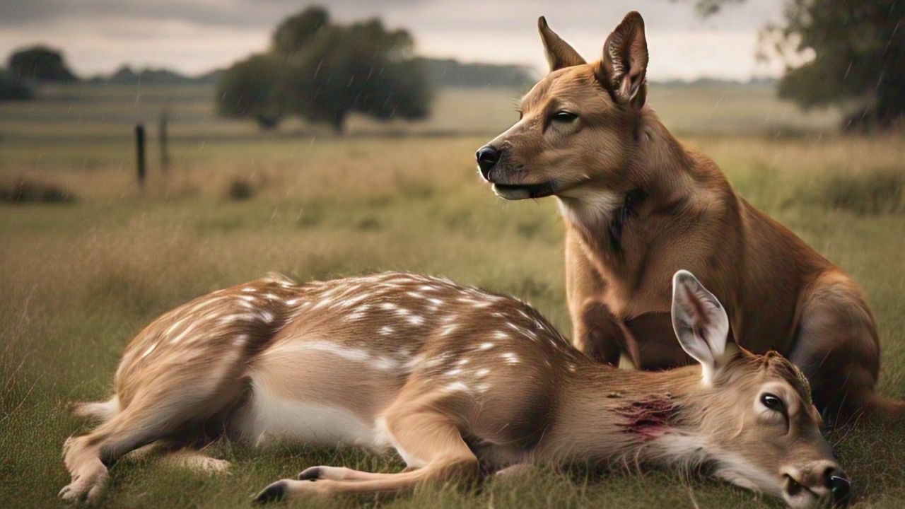 dead deer bite by dog