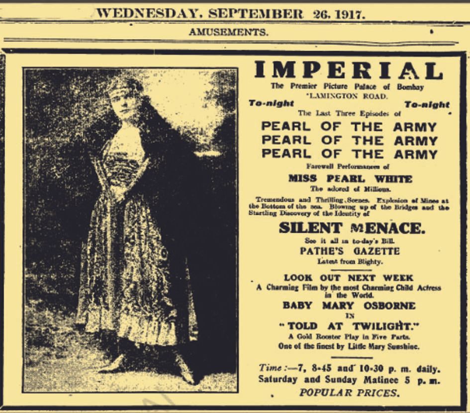 1917 സെപ്‌തംബർ 26ന്‌ വന്ന ‘പേൾ ഓഫ്‌ ദ ആർമി’ ഫിലിം സീരീസിന്റെ പരസ്യം