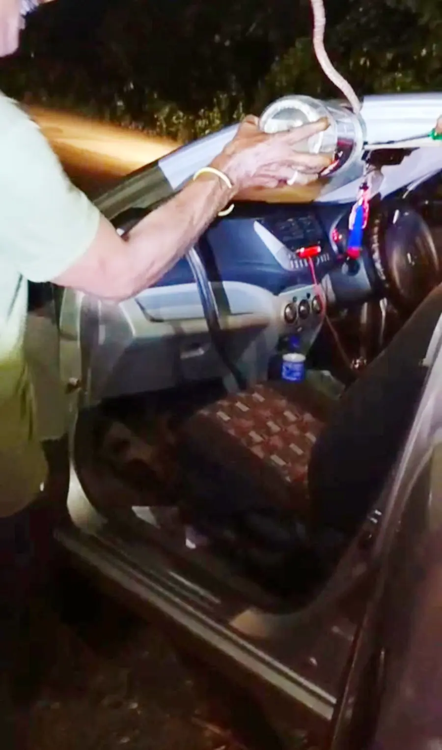 കാറിനുള്ളിൽനിന്ന് പാമ്പിനെ പിടികൂടുന്നു