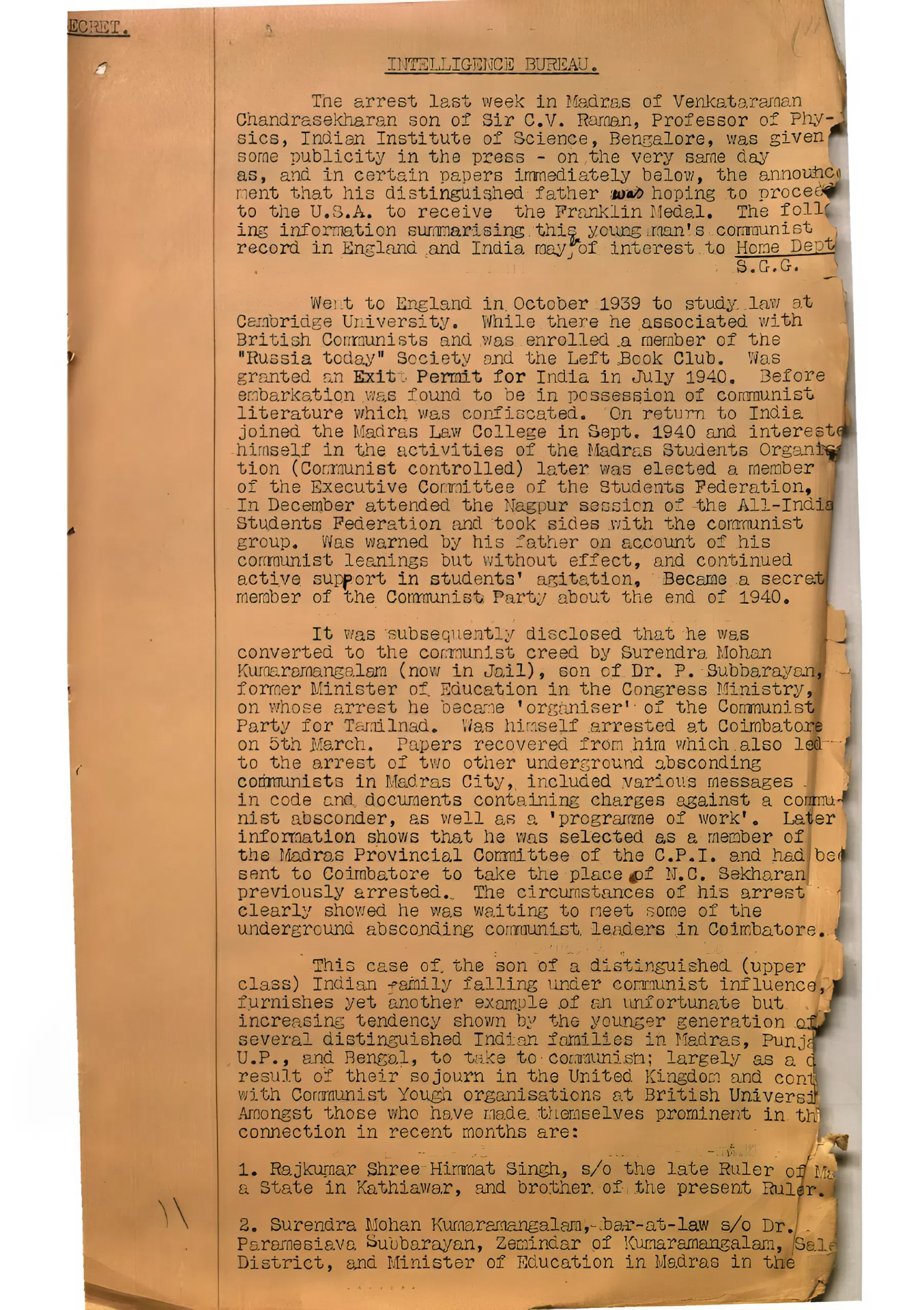 സി വി രാമന്റെ മകന്റെ അറസ്റ്റിനെപ്പറ്റിയുള്ള ഇന്റലിജൻസ്‌ ബ്യൂറോ റിപ്പോർട്ട്‌