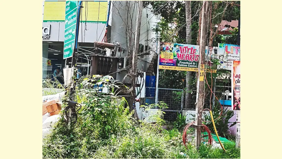 കഴക്കൂട്ടം മേൽപ്പാലം ജങ്ഷന് സമീപത്തെ കാടുമുടിയ ട്രാൻസ്ഫോർമർ