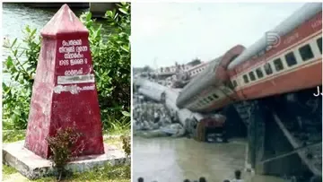 1)  പെരുമൺ ദുരന്ത സ്മാരകം 2) പെരുമണിൽ കായലിലേക്ക് മറിഞ്ഞ ട്രെയിൻ(ഫയൽചിത്രം)